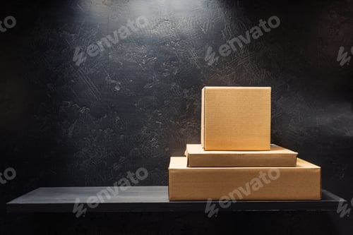 Preview: cardboard box on wooden shelf
