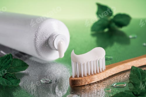 Preview: Closeup tube of toothpaste and bamboo toothbrush.Concept oral health and care.