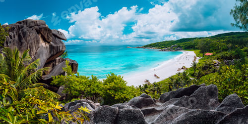 Preview: Panoramic view of most spectacular tropical beach Grande Anse on La Digue Island, Seychelles