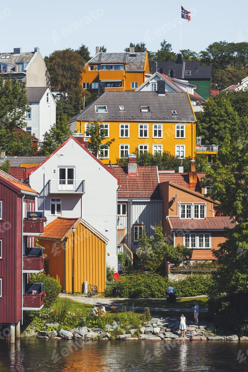 Preview: =EDITORIAL= Colorful buildings of Trondheim.People on streets.Scandinavian style.Norway.