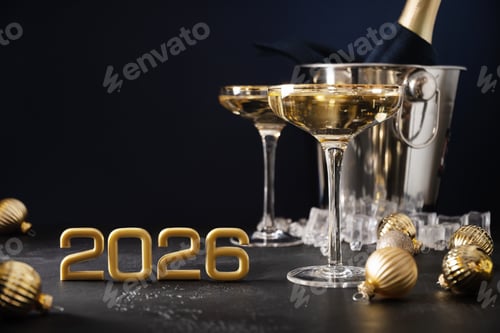 Visualização: Ano Novo 2026. Champanhe em taças de vinho, enfeites dourados
e decorações festivas