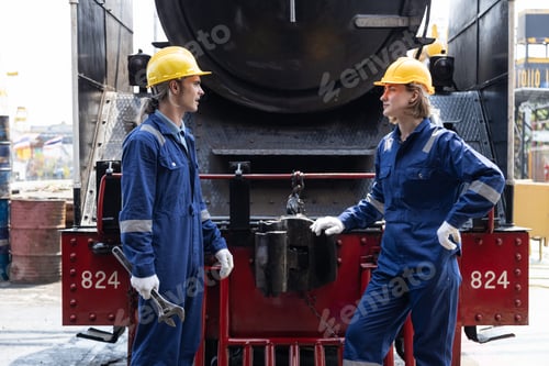 Preview: Portrait of Engineer train Inspect the train's diesel engine, railway track in depot of train