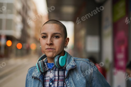 Preview: Young bald woman waiting at tram station in the city