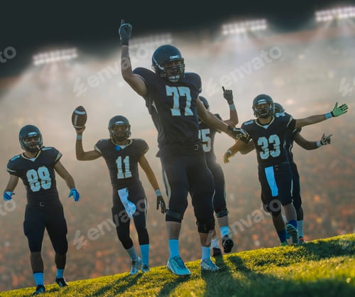 Preview: Teenage and young male american football team celebrating in stadium
