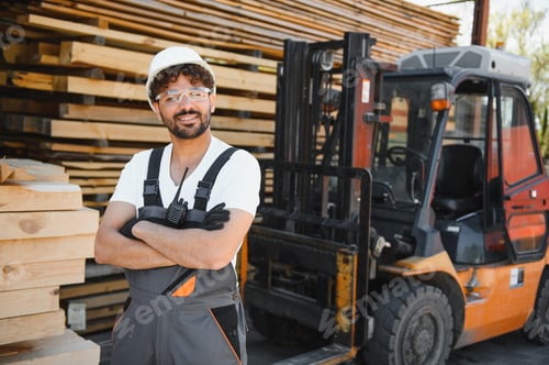 Preview: Wood worker smiling with forklift in lumber warehouse