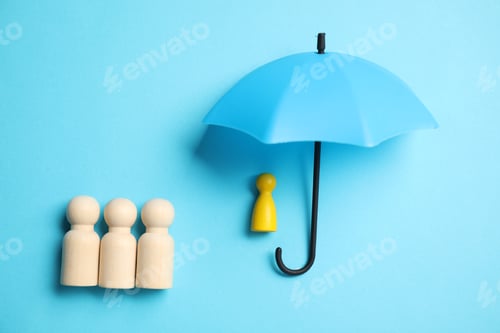 Preview: Human figures under umbrella on light blue background, top view. Insurance concept