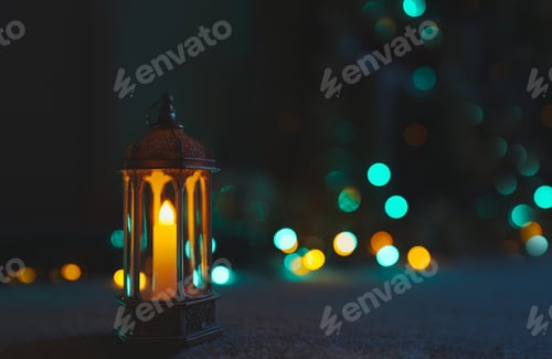 Preview: Arabic Lantern on black marble with blurry bokeh light background