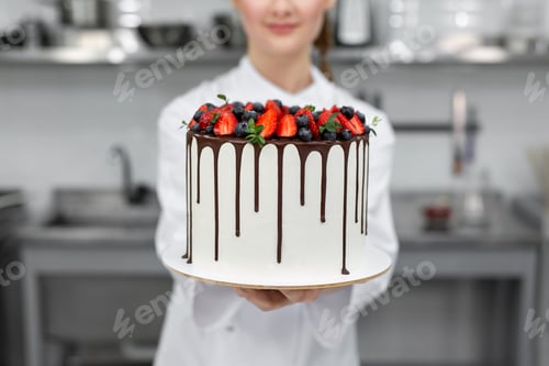 Preview: Close-up of a cake in the hands of a pastry chef
