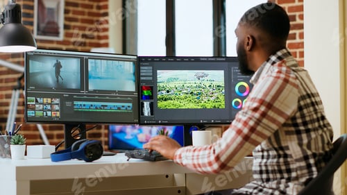 Preview: African american man video editor working in video production industry