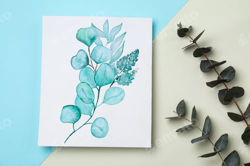 Preview: Beautiful drawing of plants near eucalyptus branches on color background, flat lay