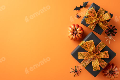 Preview: Halloween presents wrapped in black paper with orange bows, accompanied by spider
