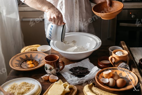Preview: Man baking banana bread at home, on a sunny day.
