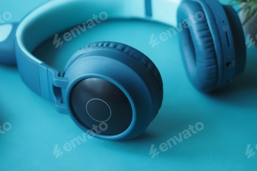 Preview: Stylish blue headphones resting on a teal backdrop