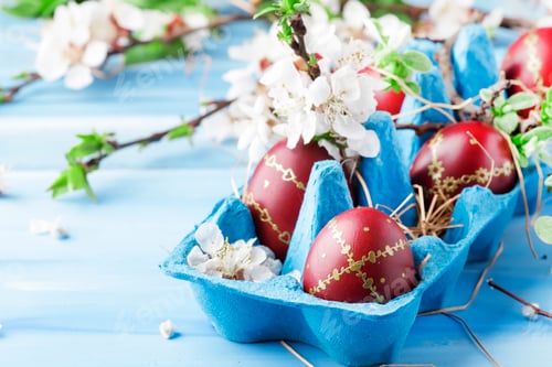 Preview: Easter eggs and spring white flowers