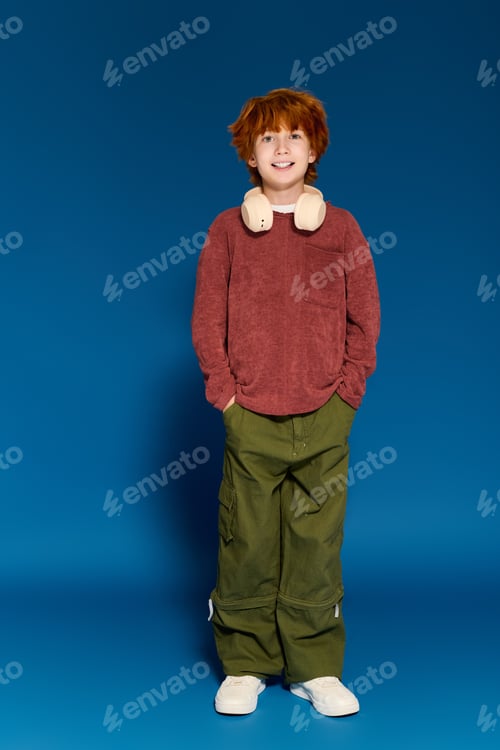Preview: Redhead boy showcases trendy casual fashion in vibrant studio setting