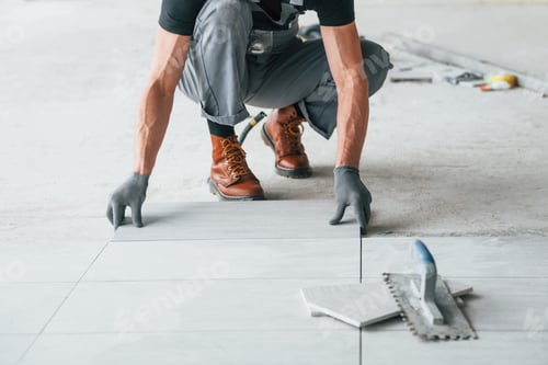 Preview: Man in grey uniform works indoors in modern big office at daytime