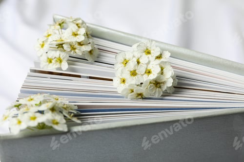 Preview: Flowers in book pages on white background, close up