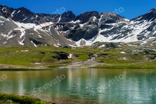 Preview: Passo Gavia, mountain pass in Lombardy, Italy, at summer. Lake