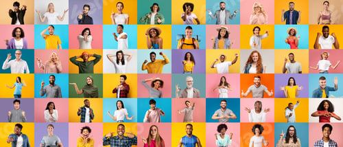 Preview: Set Of Happy Excited Multicultural Males And Females Posing Over Bright Backgrounds