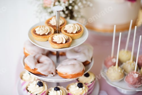 Preview: Tarts, cream puffs, cupcakes on cakestand. Cake pops.