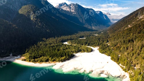 Preview: Predil Lake in Italy. Aerial Drone View. Beautiful Landscape