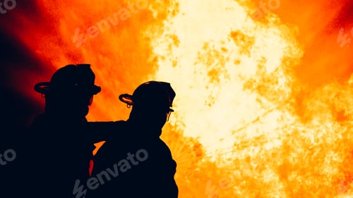 Preview: Fearless Firefighters Battling Blaze with Water and Extinguishers.
