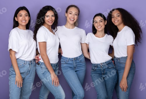 Preview: Five Joyful Diverse Ladies Posing Embracing And Smiling, Purple Background