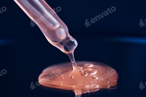 Preview: Bottle with pink serum on a blue background.