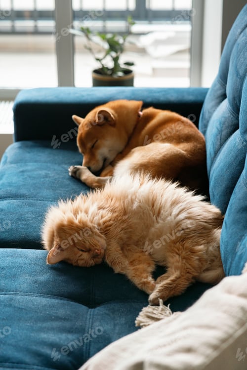 Preview: Red dog and red cat sleeping on the blue sofa