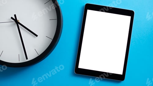 Preview: Overhead Flat Lay Business Shot Of Digital Tablet With Blank Screen And Clock