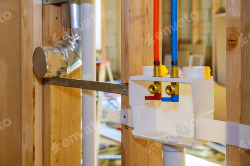Preview: Interior framing of a plumbing outlet box for the laundry room in a new home under construction
