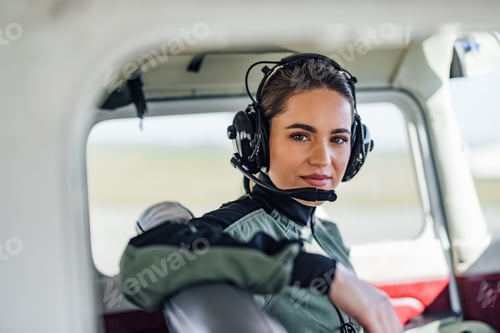 Preview: Serious female caucasian flyer, waiting for the passengers to get onto the plane.