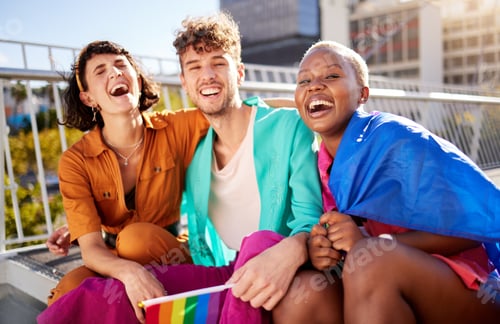 Preview: Support, freedom and lgbtq with friends and flag in city for love, gay pride and equality. Culture,