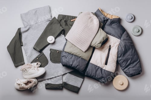 Preview: Stylish Children's Clothing Laid Out on Grey Background