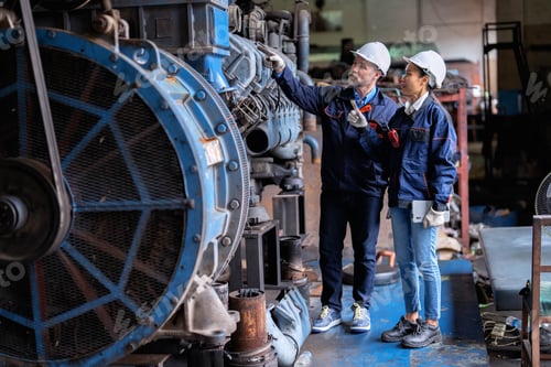Preview: Maintenance manager and engineer checking part large engine supercharger prepare for overhaul repair