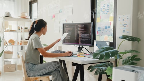 Preview: Asia girl IT development programmer typing on keyboard coding programming.