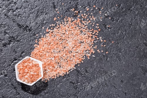 Preview: Himalayan pink salt crystals on black background, space for text