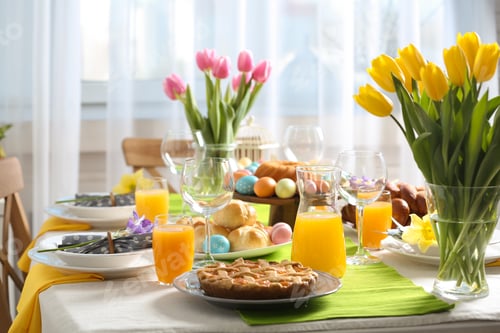 Preview: Festive Easter table setting with traditional meal at home