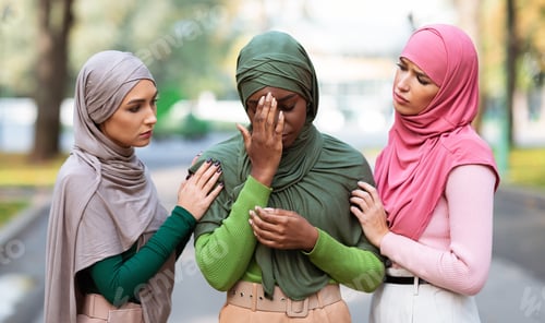 Preview: Arabic Ladies Comforting Unhappy Friend Supporting Her Standing Outside