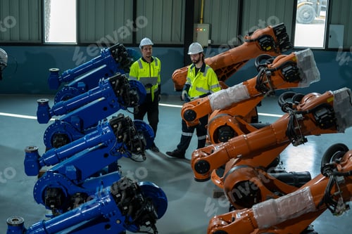 Preview: Engineer in modern industrial factory using laptop setting and inspect robot arm.