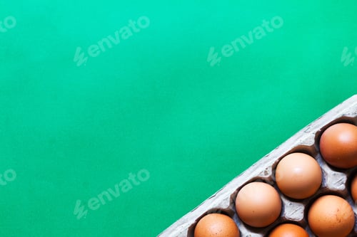 Preview: Cut out of Fresh Chicken eggs in tray on green background with copy space