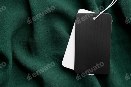 Preview: Cardboard tags with space for text on green fabric, top view
