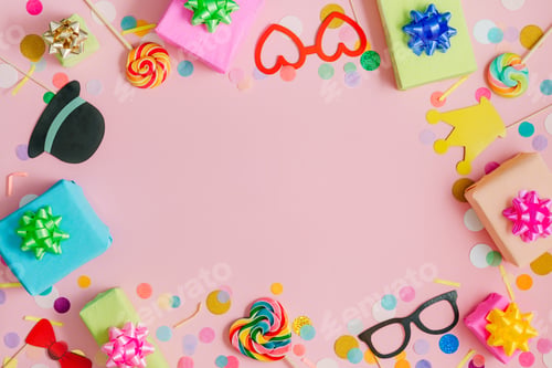 Preview: Heart shaped lollypop and decorative paper eye glasses, gift boxes on pink background with confetti