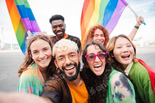 Preview: Selfie portrait of a group of lgbt mixed friends celebrating the gay pride parade with the rainbow