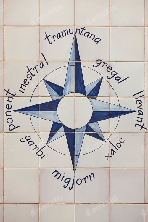 Preview: Wind rose drawn on tiles. Costa Brava, Girona. Catalunya, Spain
