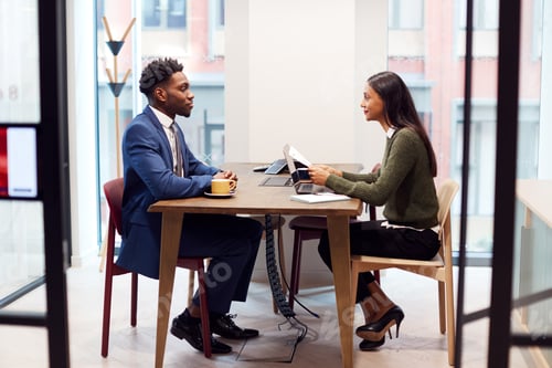 Preview: Businesswoman Interviewing Male Job Candidate In Meeting Room