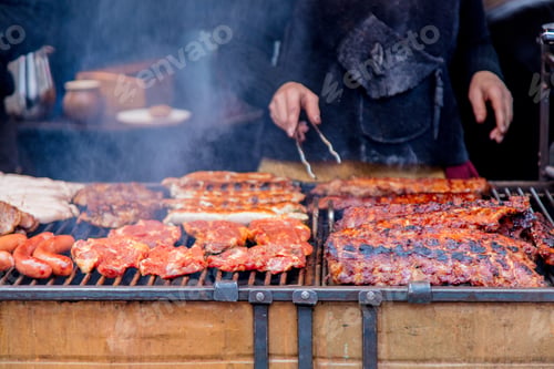 Preview: grilled meat with smoke on Christmas fair