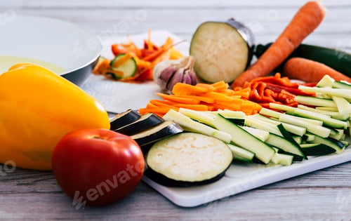 Preview: Fresh vegetables on a wooden table with a mix of sliced carrots, zucchini, eggplant and peppers