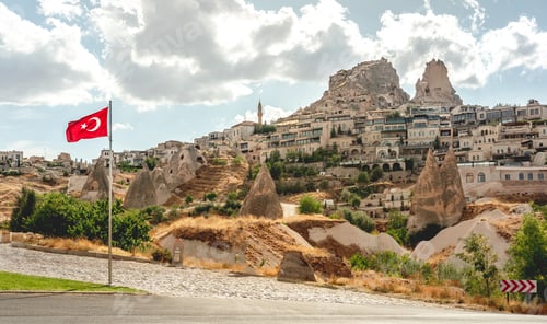 Preview: Turkish flag on cave houses background