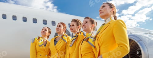 Preview: Joyful stewardesses standing near aircraft at airport